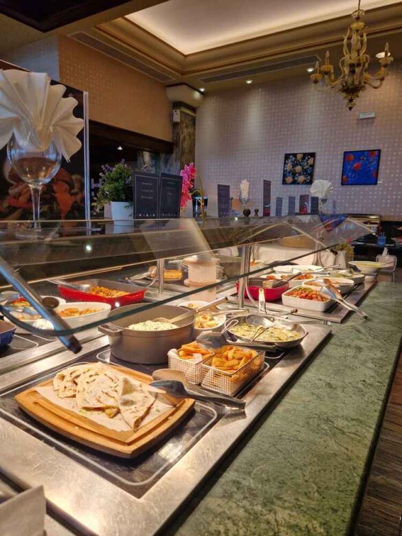 Tempting buffet selection at the main restaurant of Atrium Prestige, Rhodes, offering diverse cuisine for breakfast, and dinner.