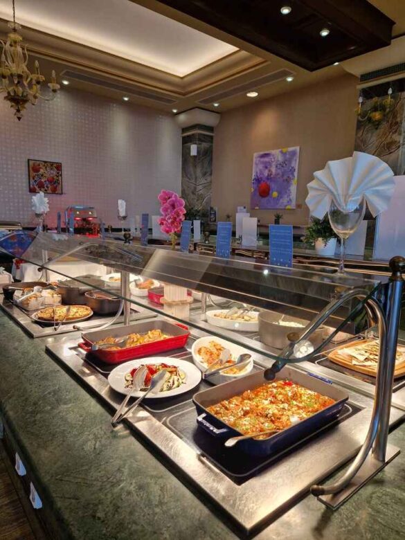 Tempting buffet selection at the main restaurant of Atrium Prestige, Rhodes, offering diverse cuisine for breakfast, and dinner.